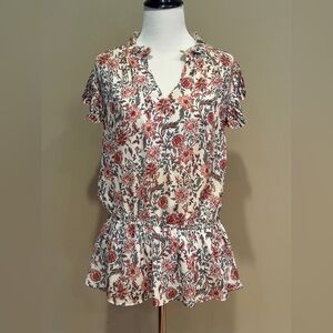VOY Floral V-Neck Peplum Blouse - White with Red Floral Print - Size Small